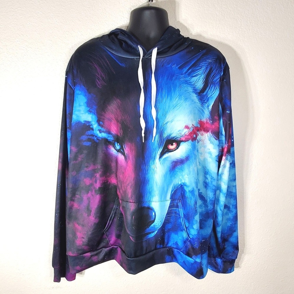 Wolf Galaxy Graphic Hoodie 4XL Unisex Pullover Drawstring Hood Polyester Blend